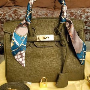 Cute olive green bag with lock/keys & scarf.